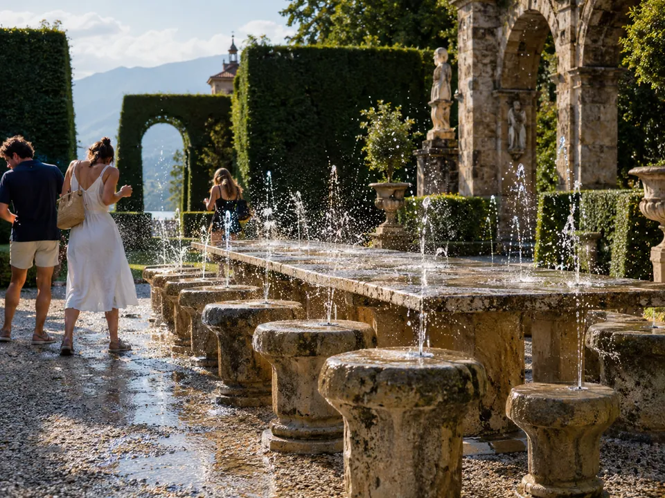Getto d’acqua che spruzza i sedili di pietra al tavolo del principe nelle fontane a sorpresa di Hellbrunn