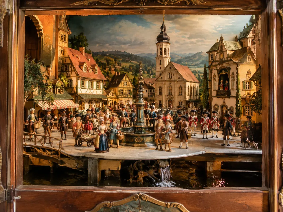 Il teatro meccanico a acqua del 1750 a Hellbrunn con le sue figure di una città barocca